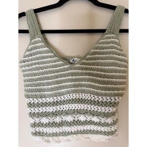 Hollister Striped Crochet Crop Tank Top Green White Size Small juniors